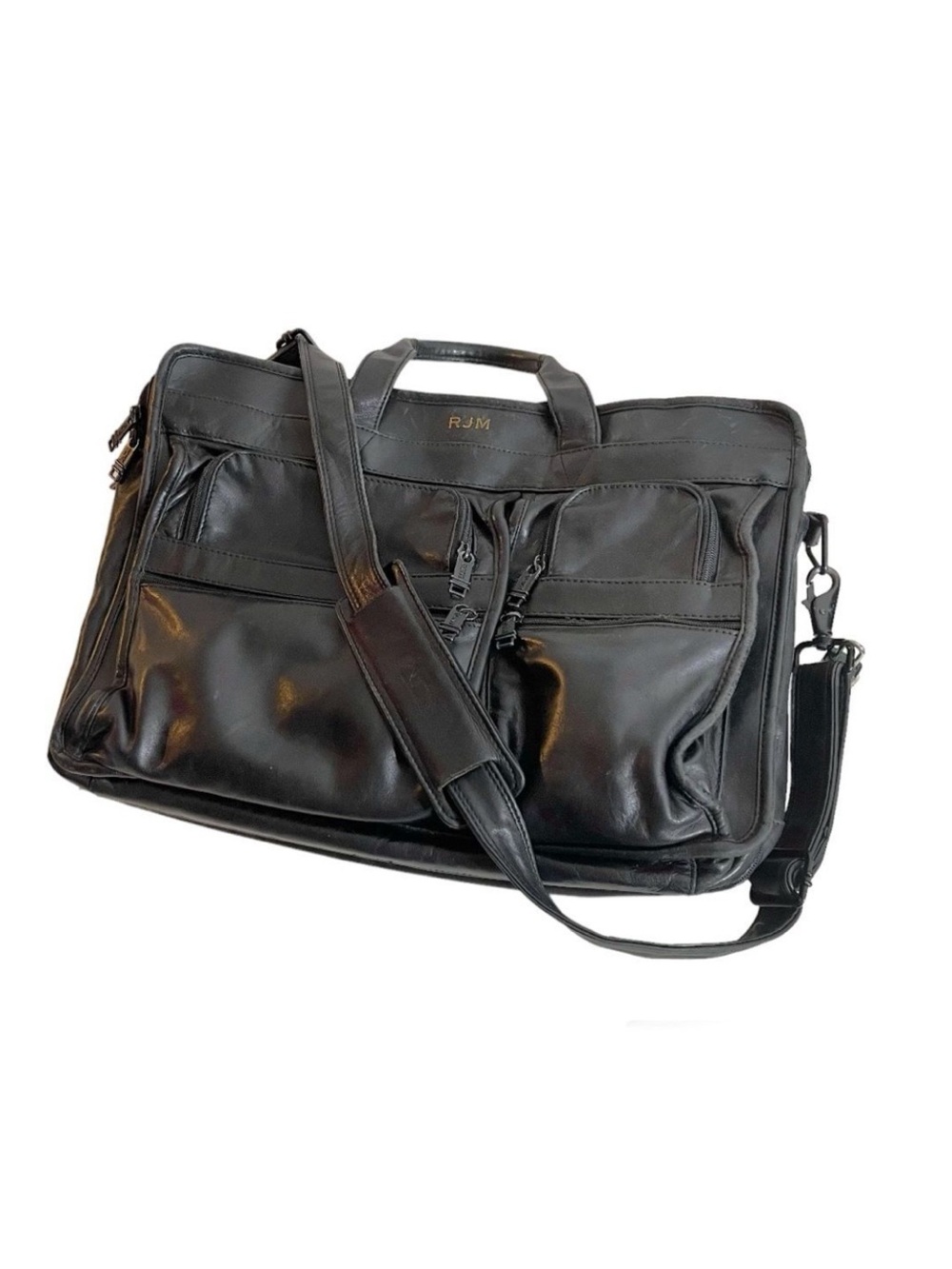 TUMI Black Leather Bag Laptop Multi Pockets Zippers Top Handles Shoulder Strap